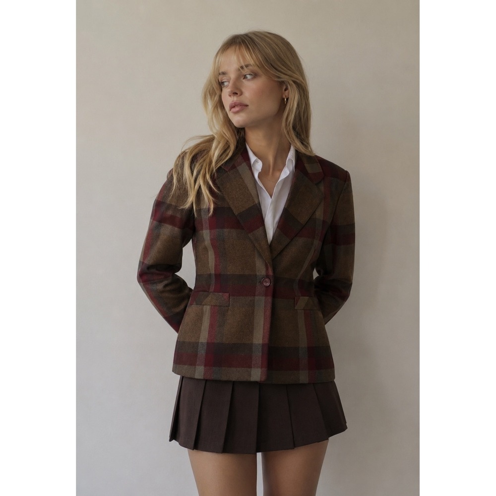 Charan Vintage Pure Wool Plaid Blazer Jacket Brown Red Tan 12 Preppy Academia